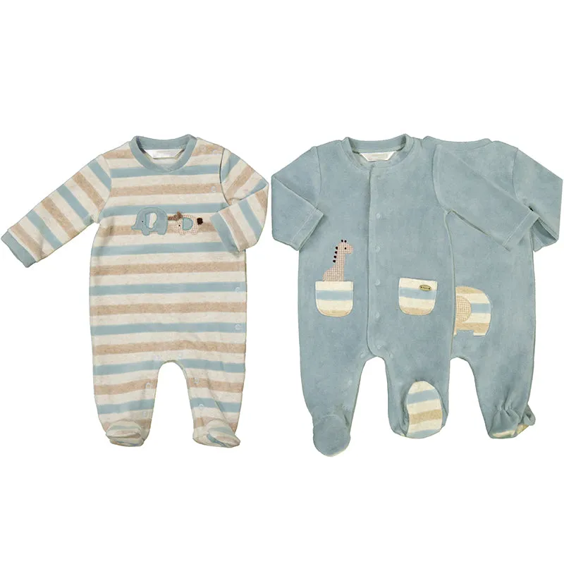 MAYORAL - Elephant & Giraffe Velour Babygrow Two Pack - Blue