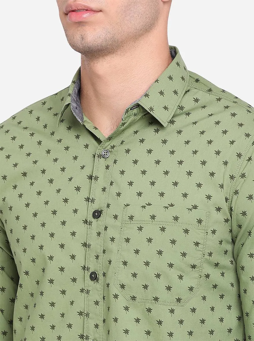 Meadow Green Printed Slim Fit Semi Casual Shirt | Greenfibre