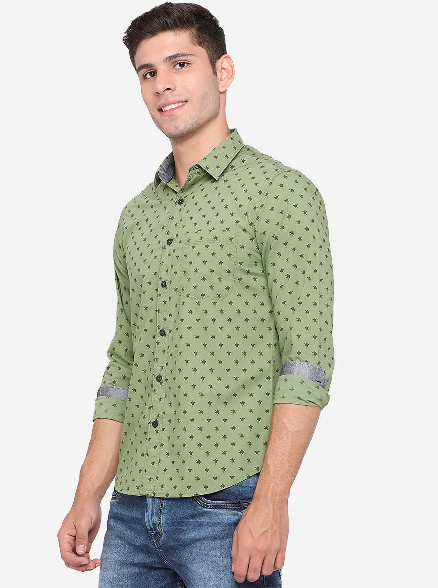 Meadow Green Printed Slim Fit Semi Casual Shirt | Greenfibre