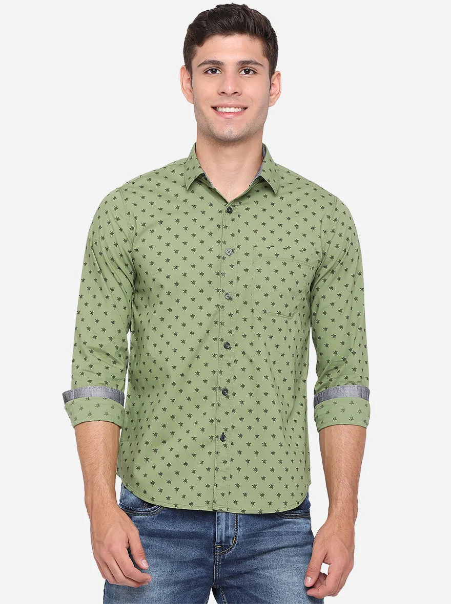 Meadow Green Printed Slim Fit Semi Casual Shirt | Greenfibre