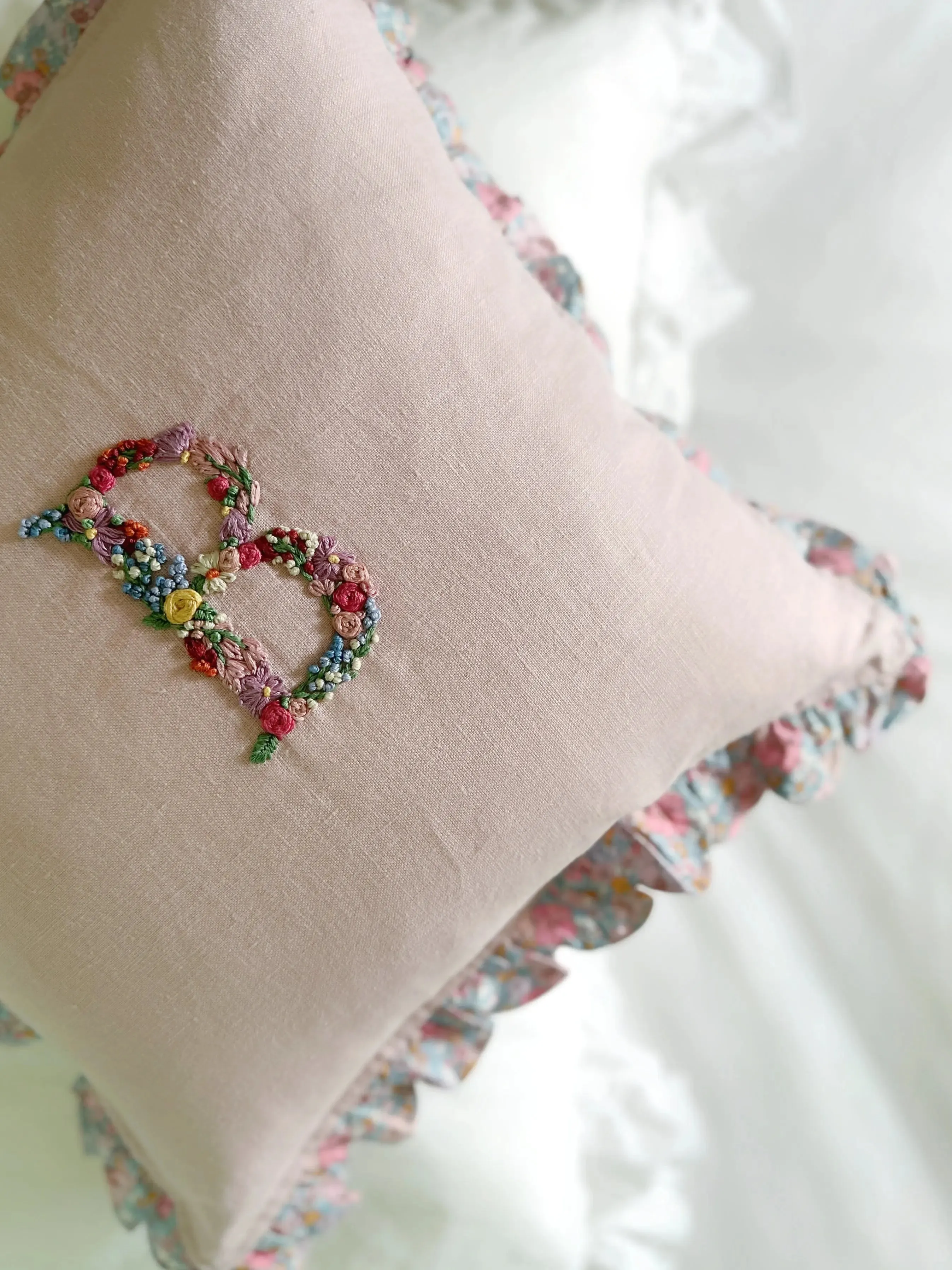 MEADOW SONG Liberty Embroidered Letter Scallop Edge Cushion