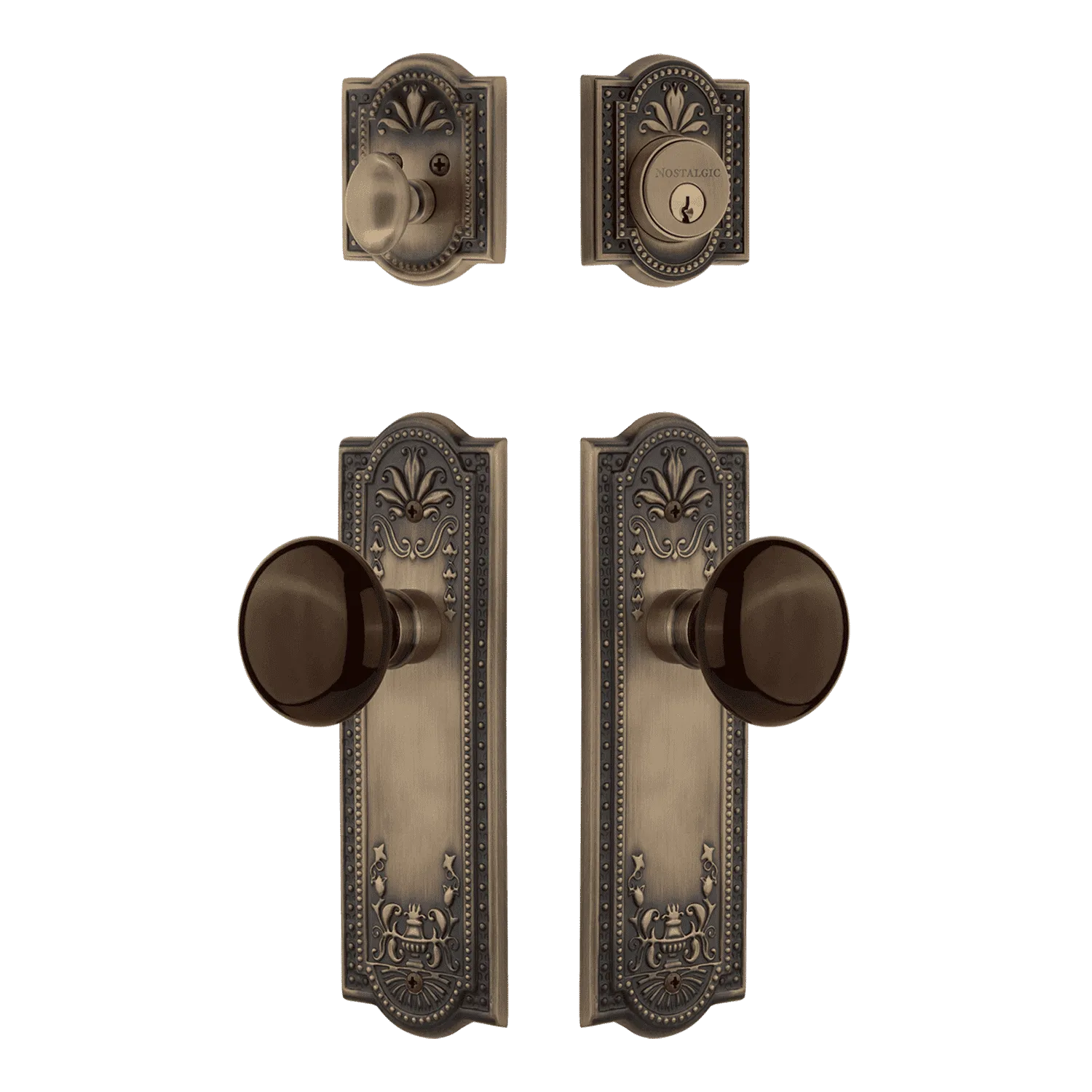 Meadows Entry Set with Brown Porcelain Knob in Antique Brass