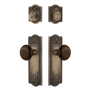 Meadows Entry Set with Brown Porcelain Knob in Antique Brass