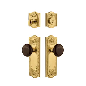 Meadows Entry Set with Brown Porcelain Knob in Unlacquered Brass