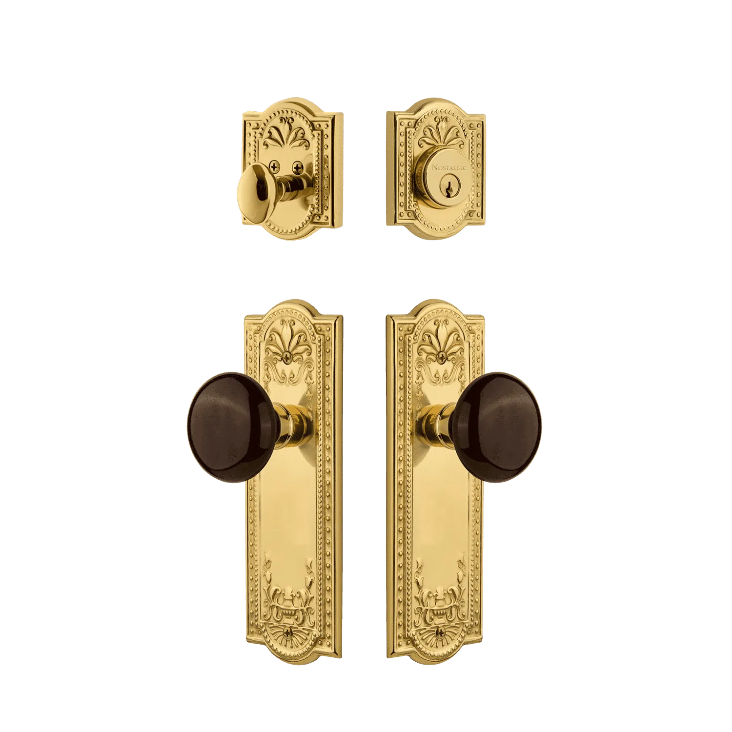 Meadows Entry Set with Brown Porcelain Knob in Unlacquered Brass