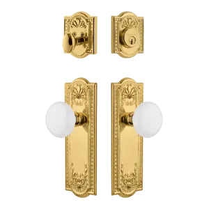 Meadows Entry Set with White Porcelain Knob in Polished Brass