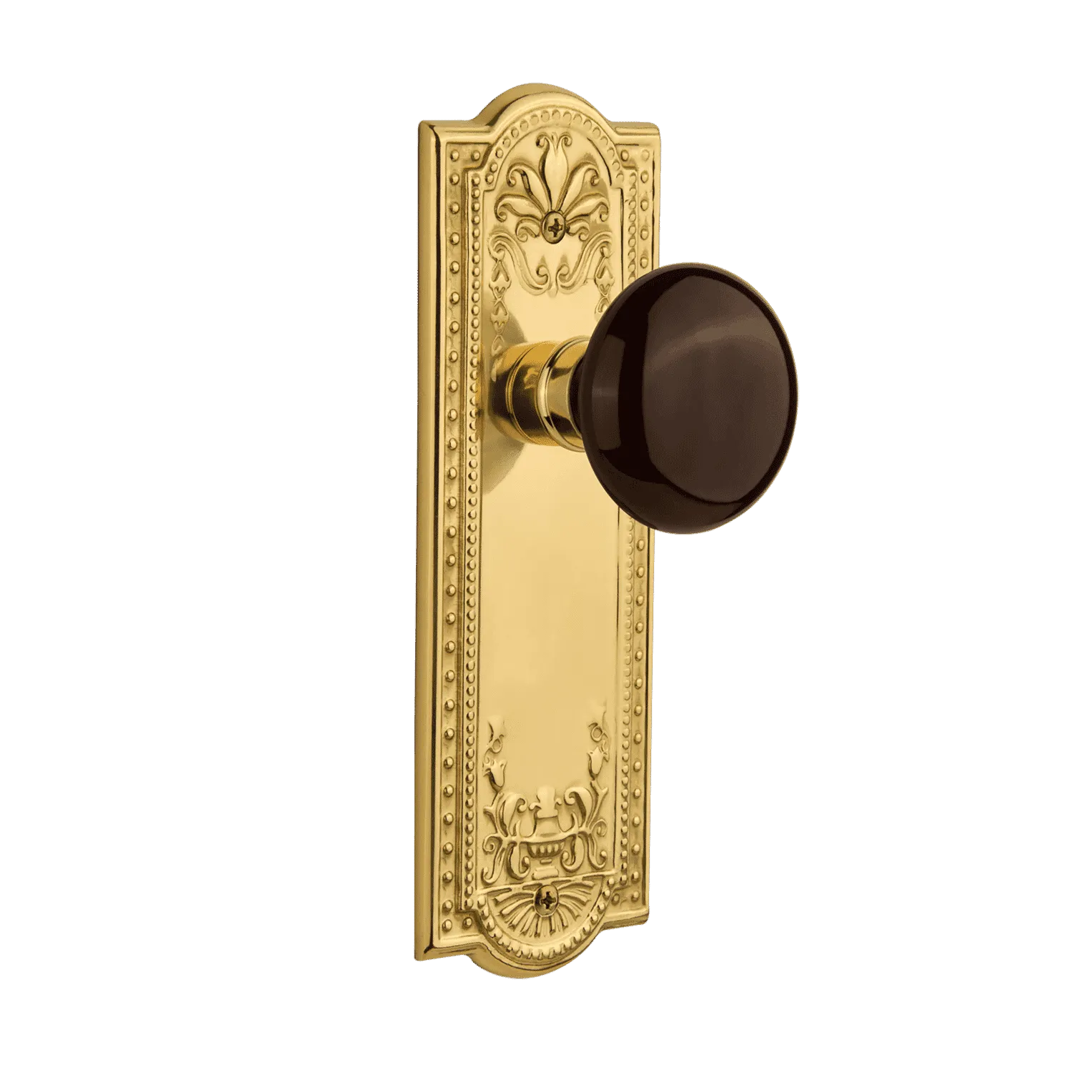 Meadows Long Plate with Brown Porcelain Knob in Polished Brass