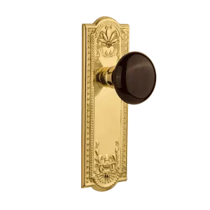 Meadows Long Plate with Brown Porcelain Knob in Unlacquered Brass