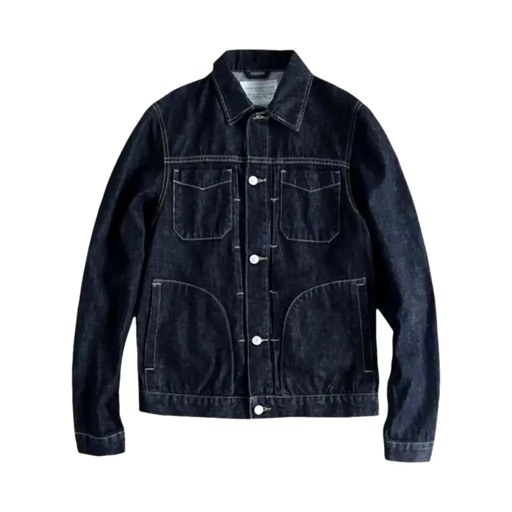 Medium length dark style jean jacket for men