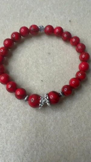 Medium Red Howlite with Silver Scalloped Spacers and tiny silver beads Stretch Bracelet