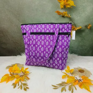 Medium Size Handbag Purple with White Botanical Patterns