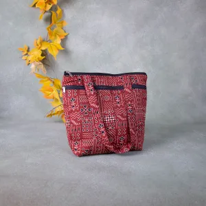 Medium Size Handbag Red with Black Small Flower Design.