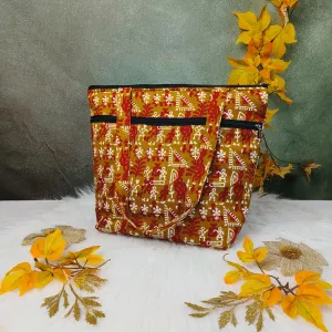 Medium Size Handbag Yellow with Tribal kalamkari Prints