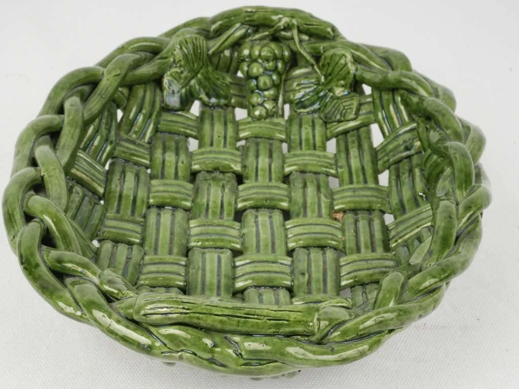 Medium-Sized Vallauris Green Ceramic Fruit Bowl w/ Woven Design, 12½"