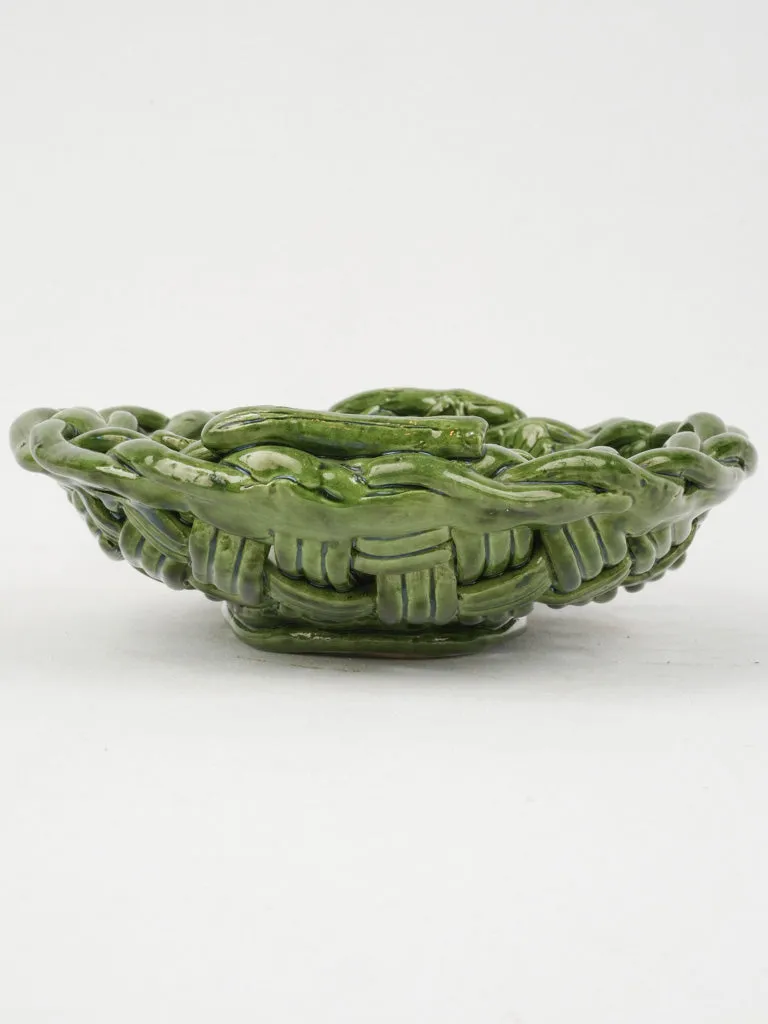 Medium-Sized Vallauris Green Ceramic Fruit Bowl w/ Woven Design, 12½"