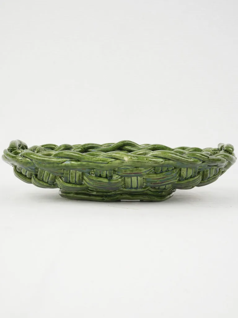 Medium-Sized Vallauris Green Ceramic Fruit Bowl w/ Woven Design, 12½"