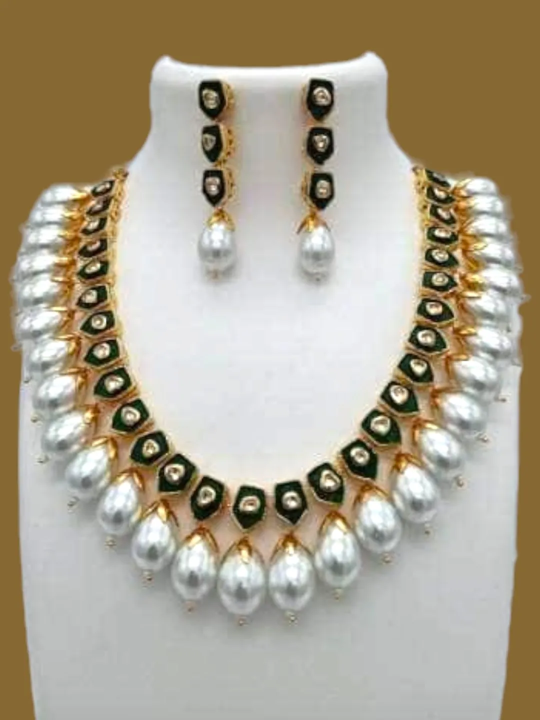 Meena Drop Pearls Necklace And Earring Set