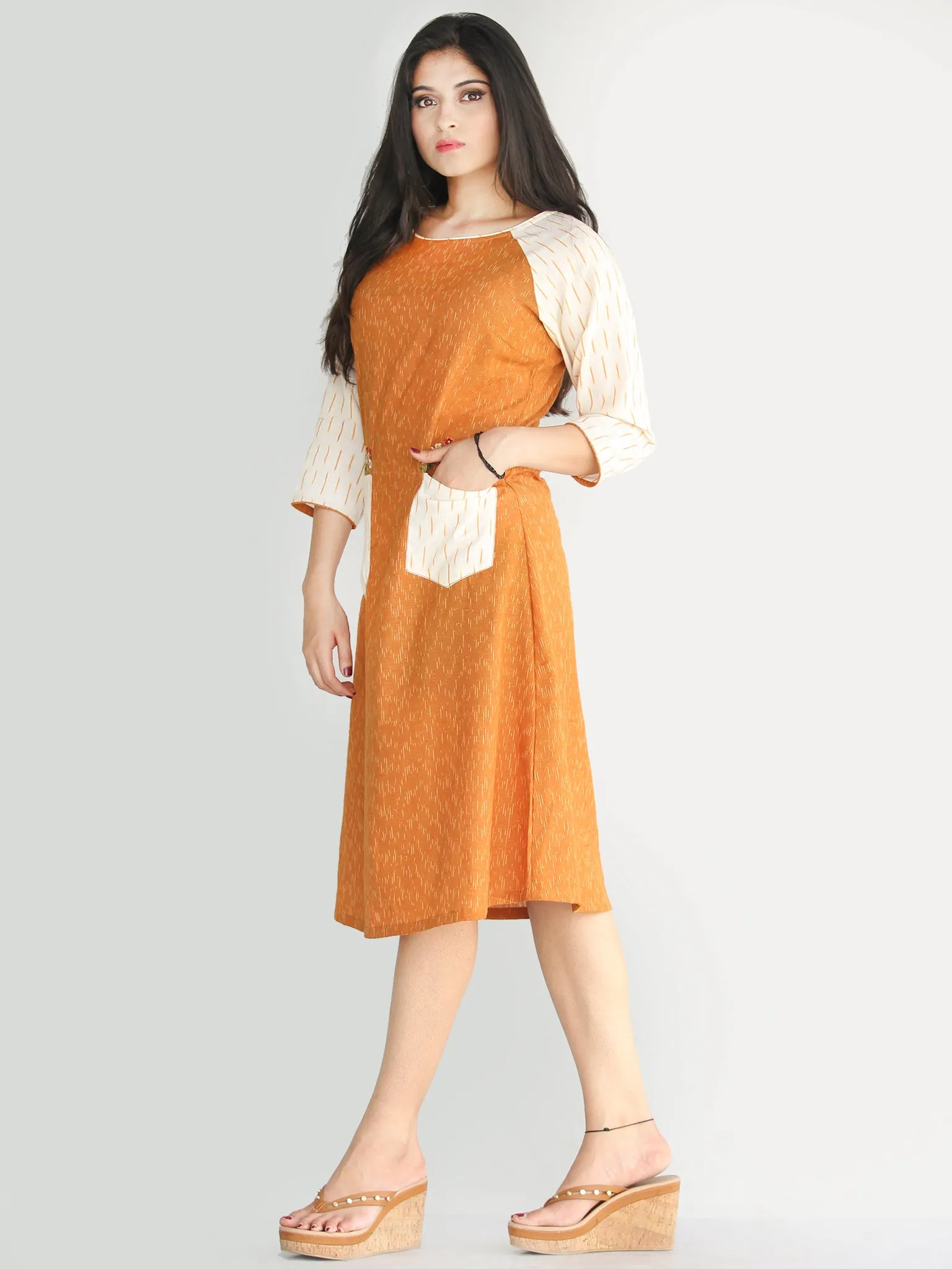 Meerab - Handwoven Ikat Tunic Cotton Dress With Embroidery - D416F1464