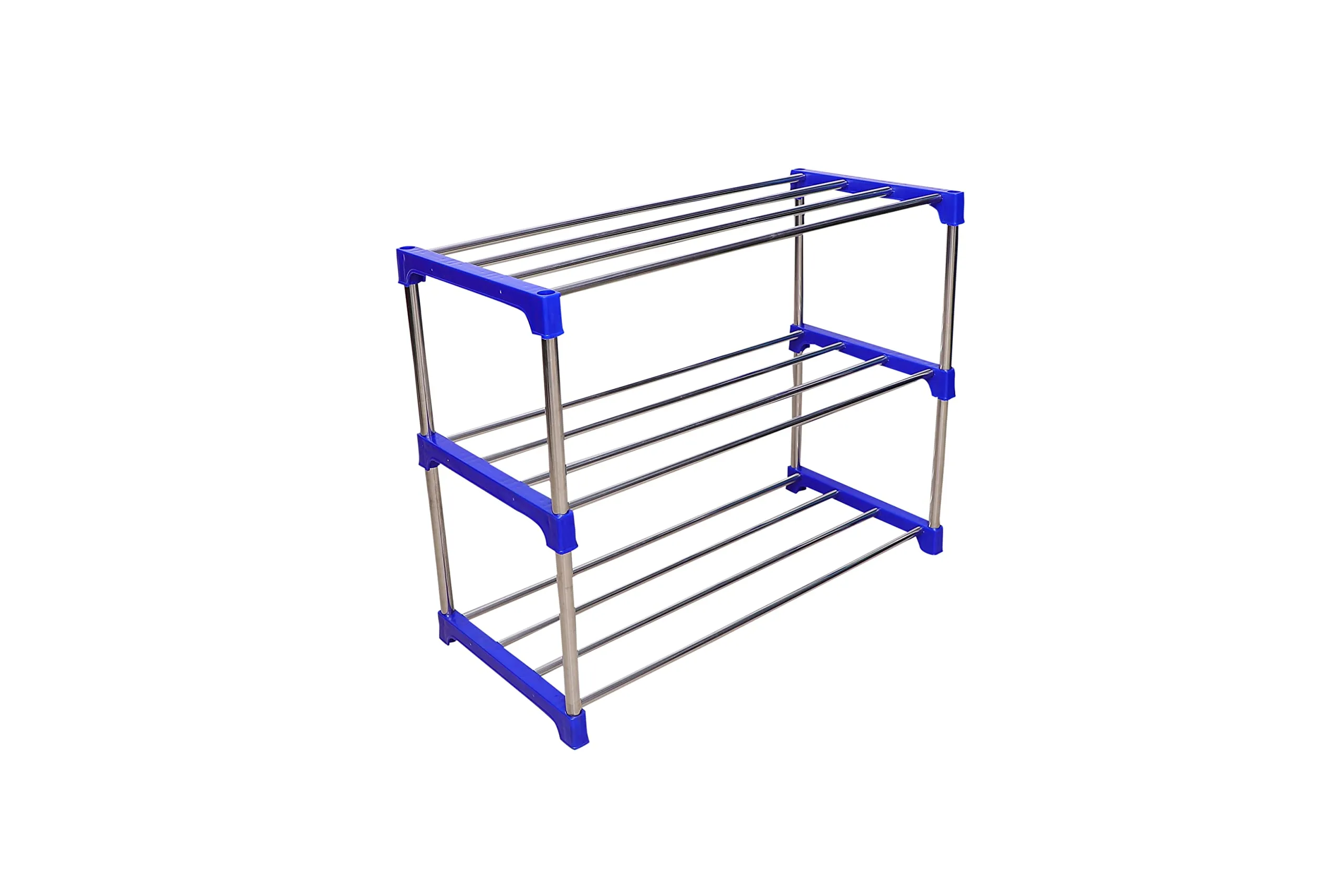 Mega stand Stainless Steel 3-Tier Shoe Rack - Durable, Foldable, and Stackable Shoe Stand for Closet, Entryway, and Doorway Organization - Premium Metal Shoe Storage Organizer for Home (Blue)