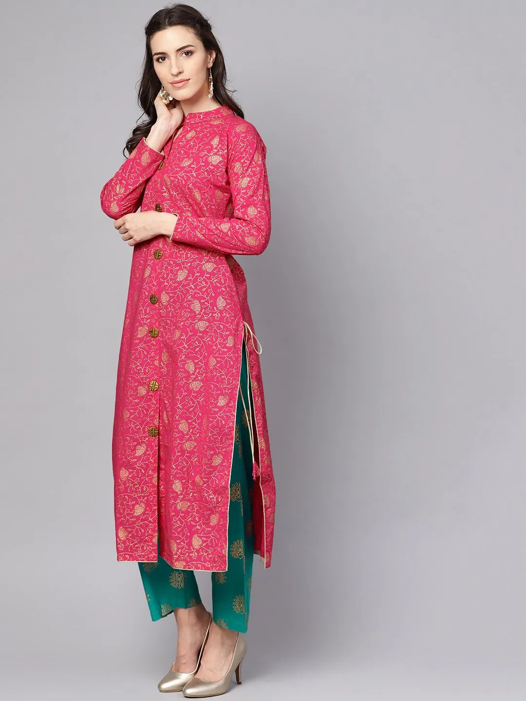 Megenta Gold Printed Kurta With Solid Green Palazzo