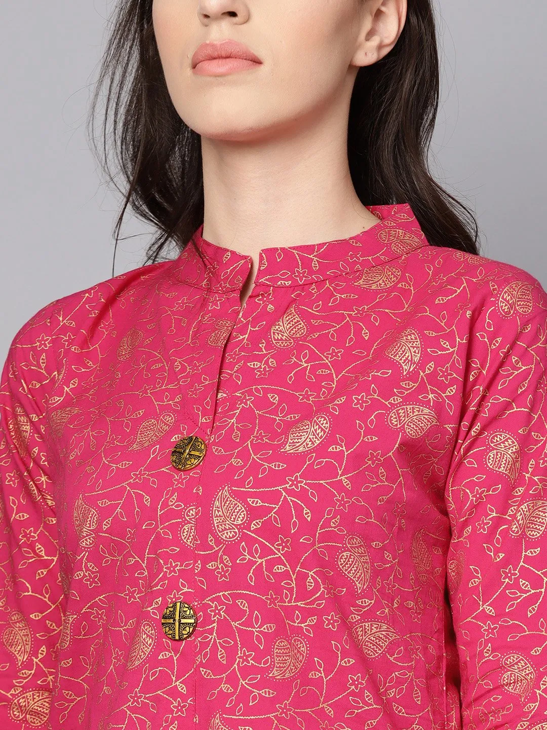 Megenta Gold Printed Kurta With Solid Green Palazzo