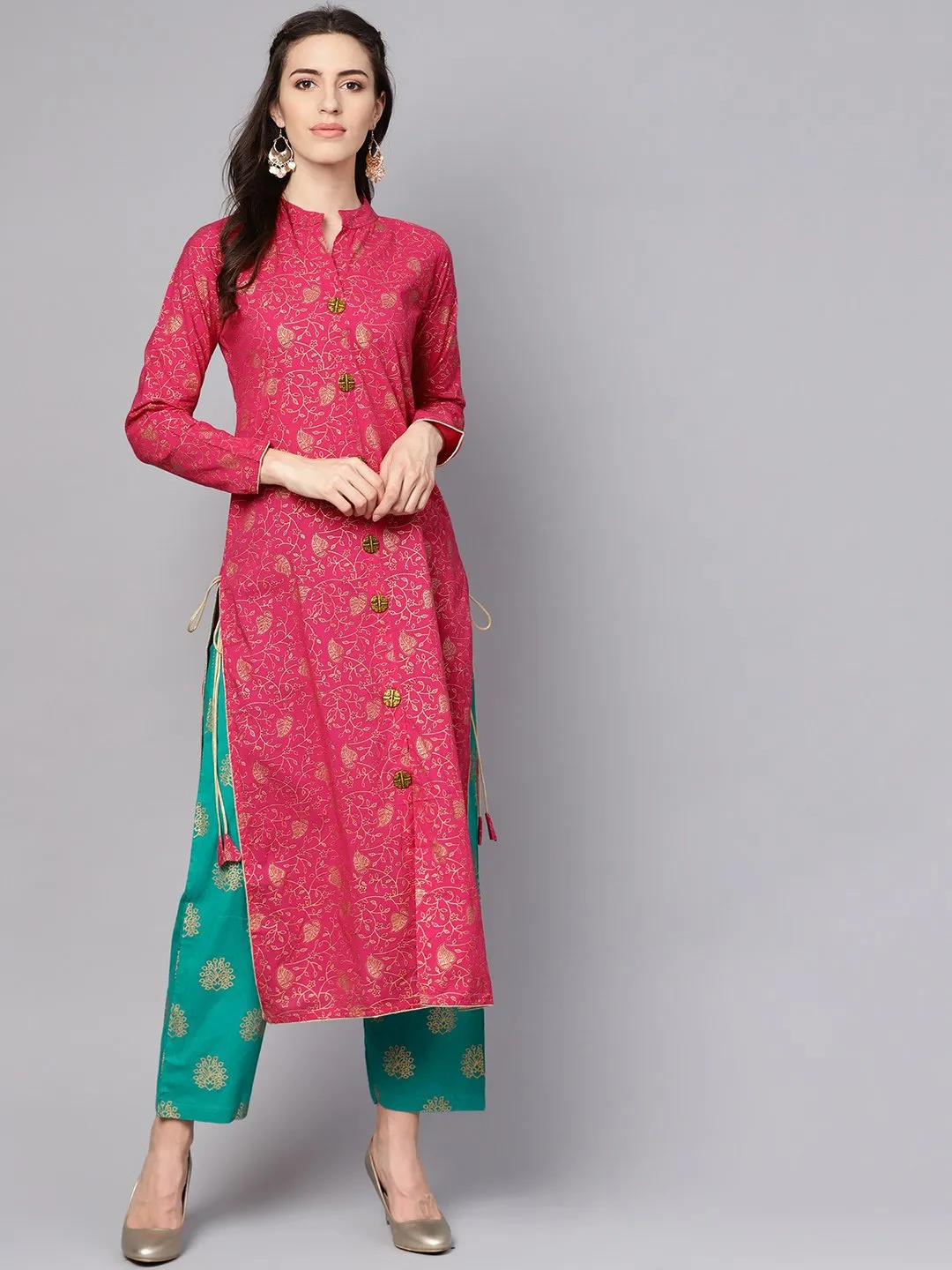 Megenta Gold Printed Kurta With Solid Green Palazzo