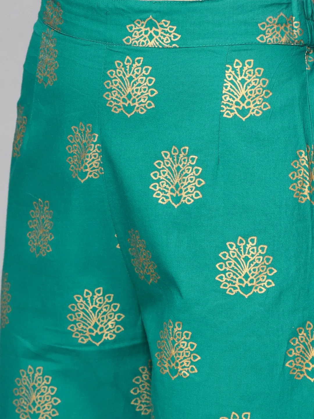 Megenta Gold Printed Kurta With Solid Green Palazzo