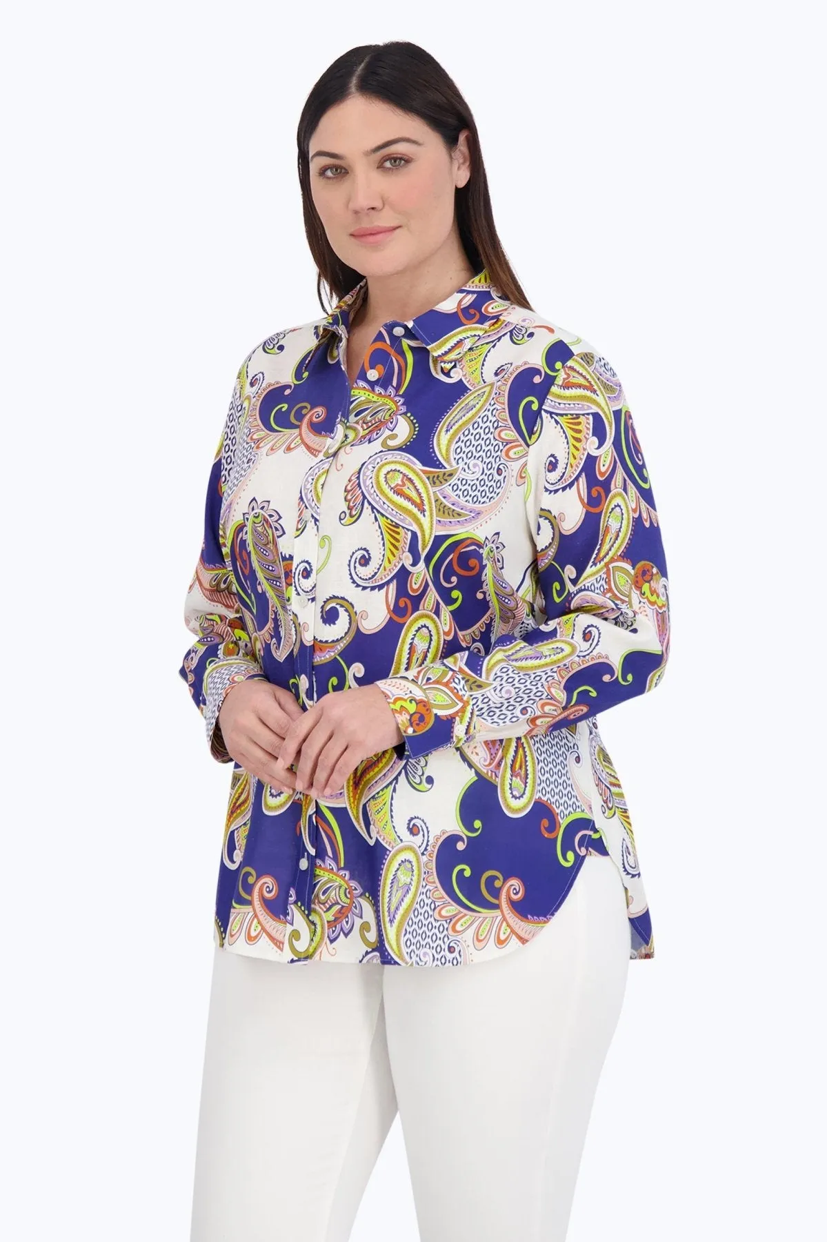 Meghan Plus Easy Care Linen Paisley Shirt