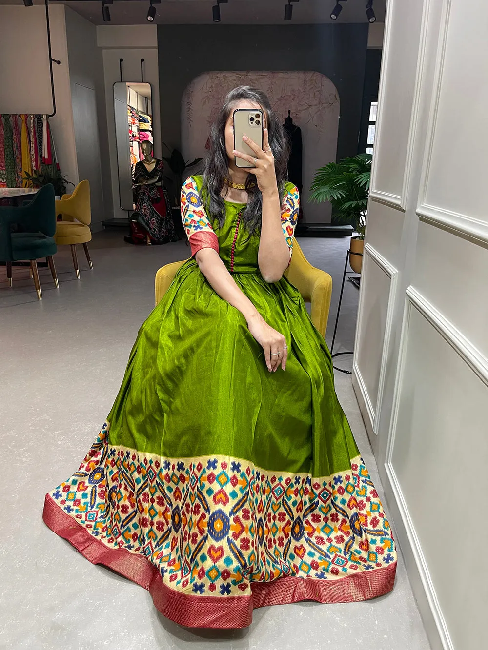 Mehendi Color Foil Printed Dola Silk Gown