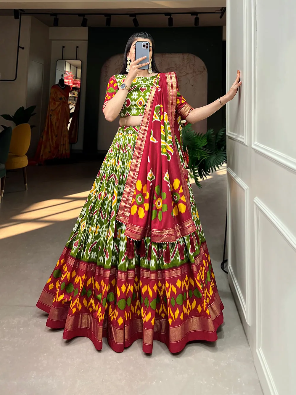 Mehendi Color Patola Print With Foil Work Tussar Silk Lehnga Choli