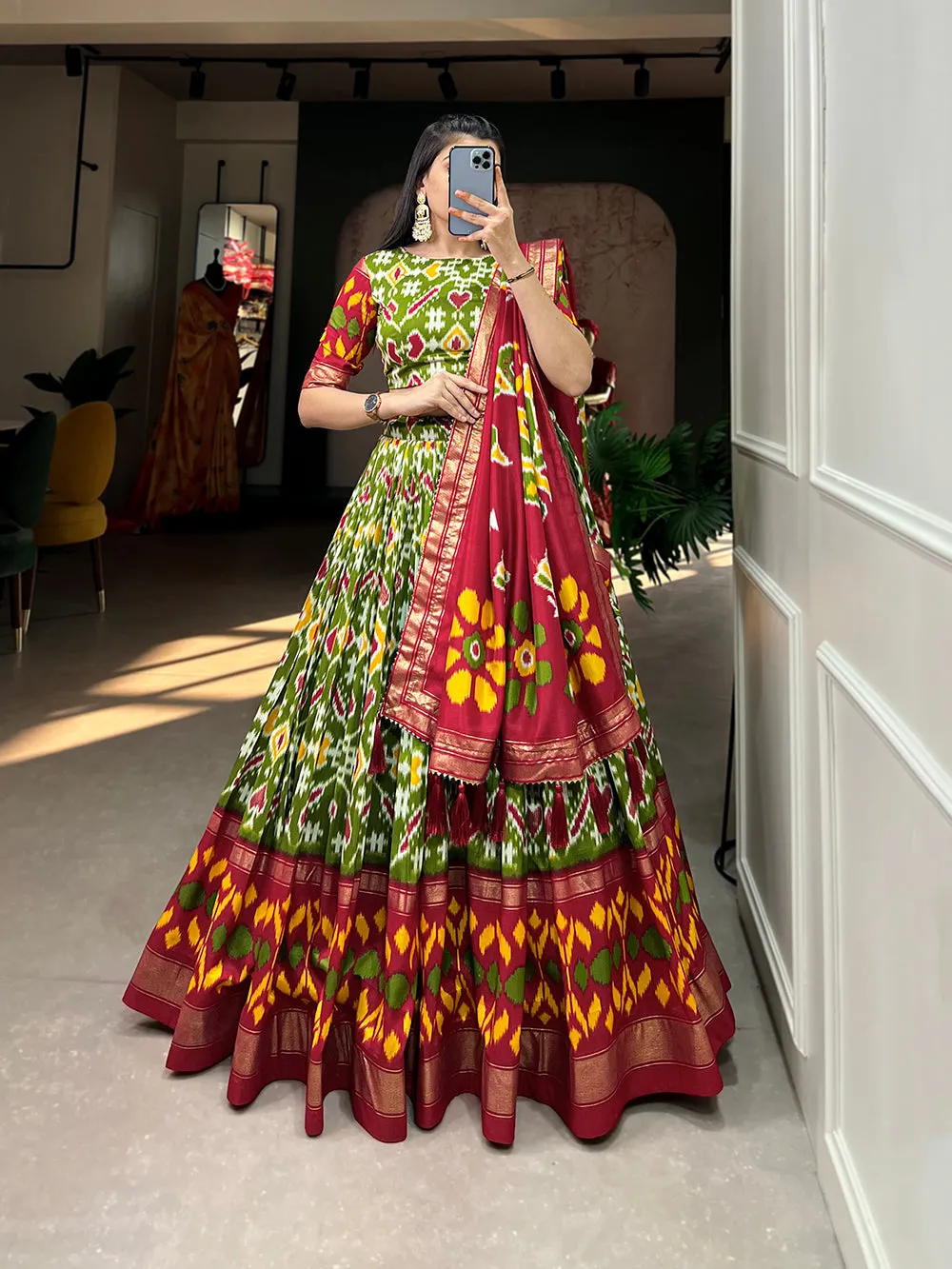 Mehendi Color Patola Print With Foil Work Tussar Silk Lehnga Choli