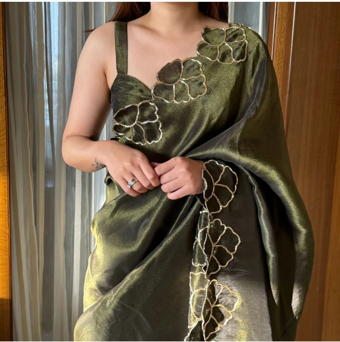 Mehndi Green Lotus Jari Silk Saree with Exquisite Golden Handwork & Running Blouse