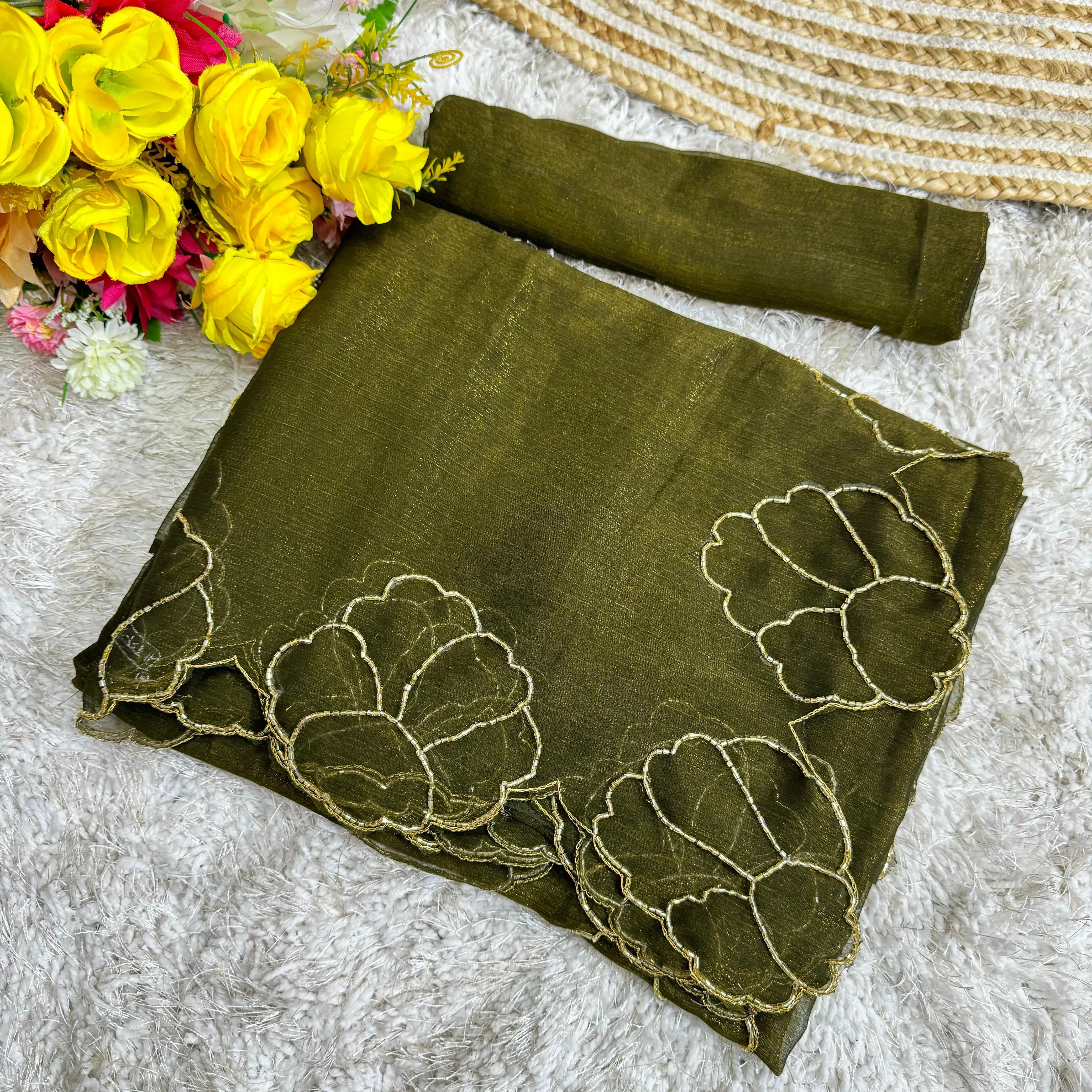 Mehndi Green Lotus Jari Silk Saree with Exquisite Golden Handwork & Running Blouse