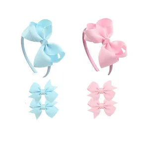 Melbees by Yellow Chimes Combo Set of 2 Soft Colors Pink and Blue Bow Hair Bands and Matching Hair Clips Pairs for Girls Kids Hair Accessories