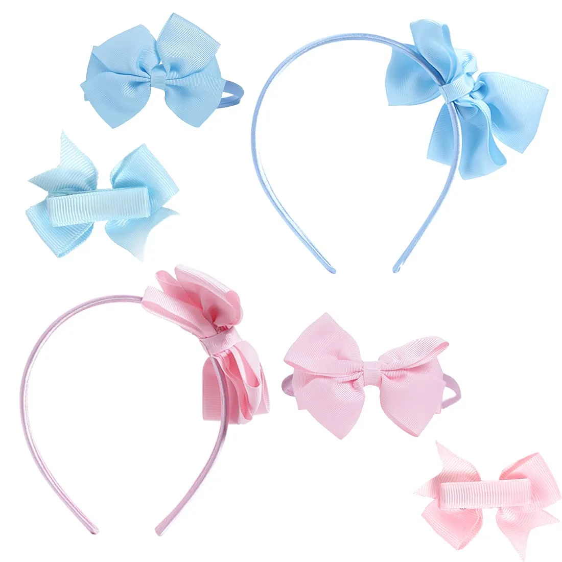 Melbees by Yellow Chimes Combo Set of 2 Soft Colors Pink and Blue Bow Hair Bands and Matching Hair Clips Pairs for Girls Kids Hair Accessories