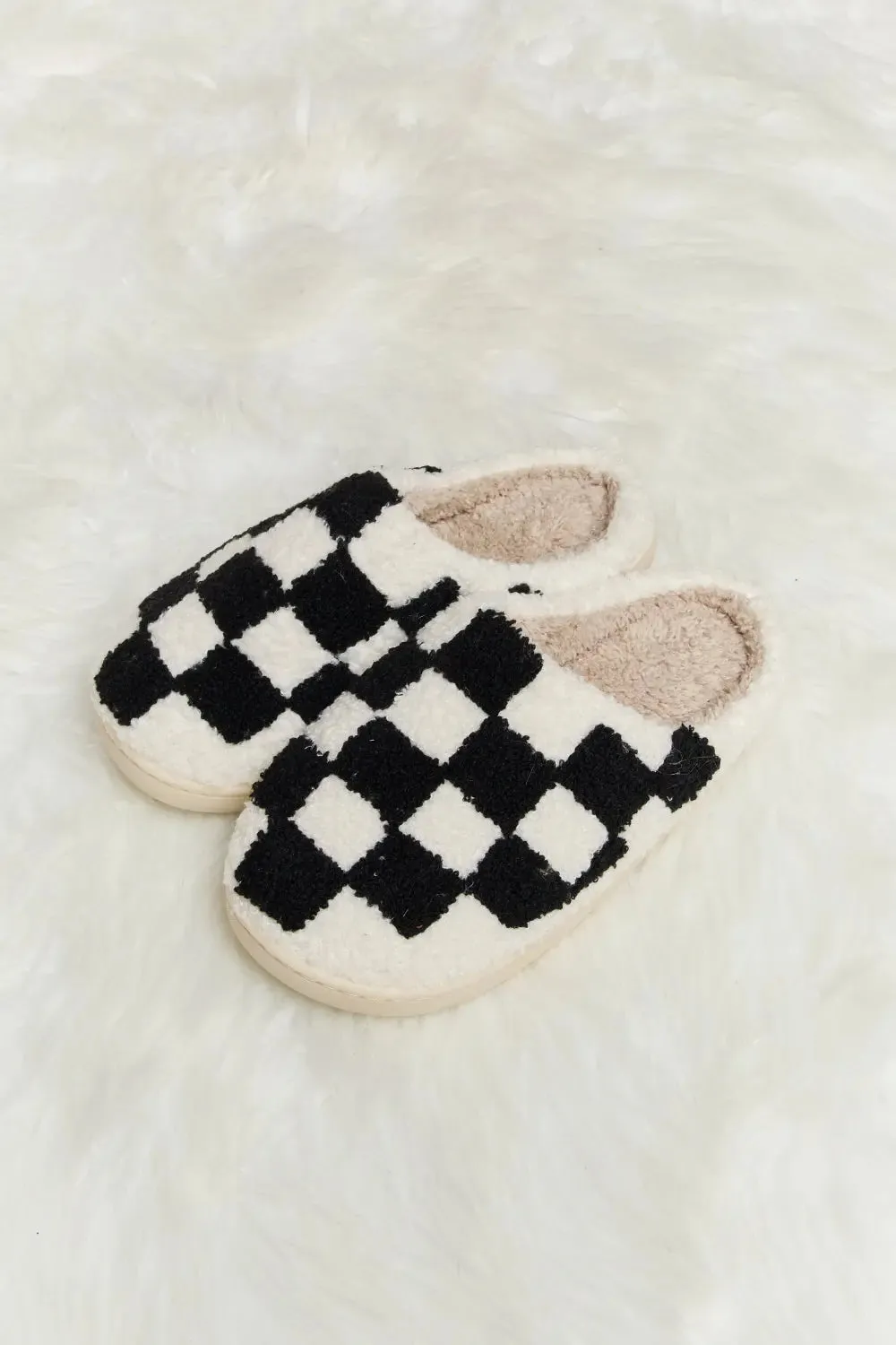 Melody Checkered Print Plush Slide Slippers