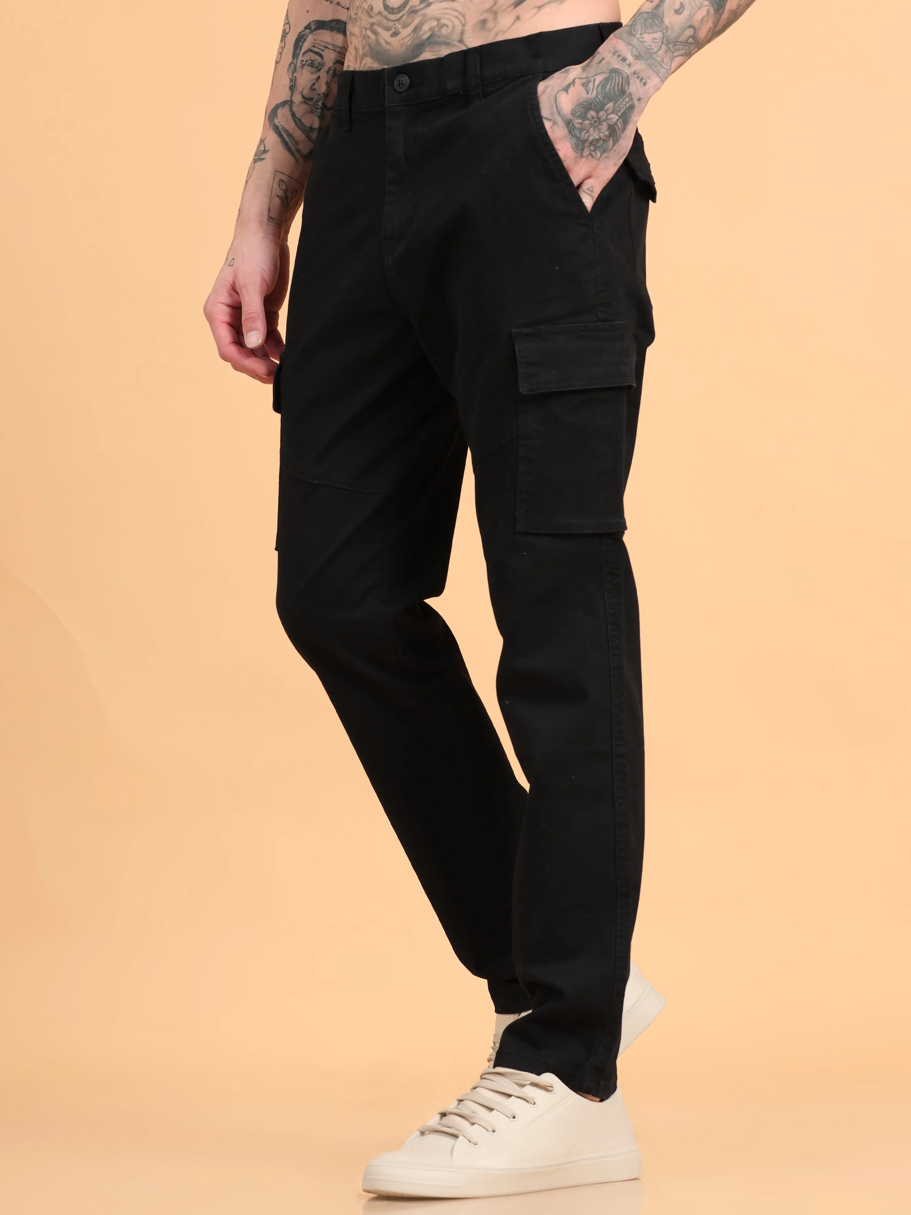 Men 2 Cotton Regular Fit Cargo Trousers, BLACK GRAPHITE GREY