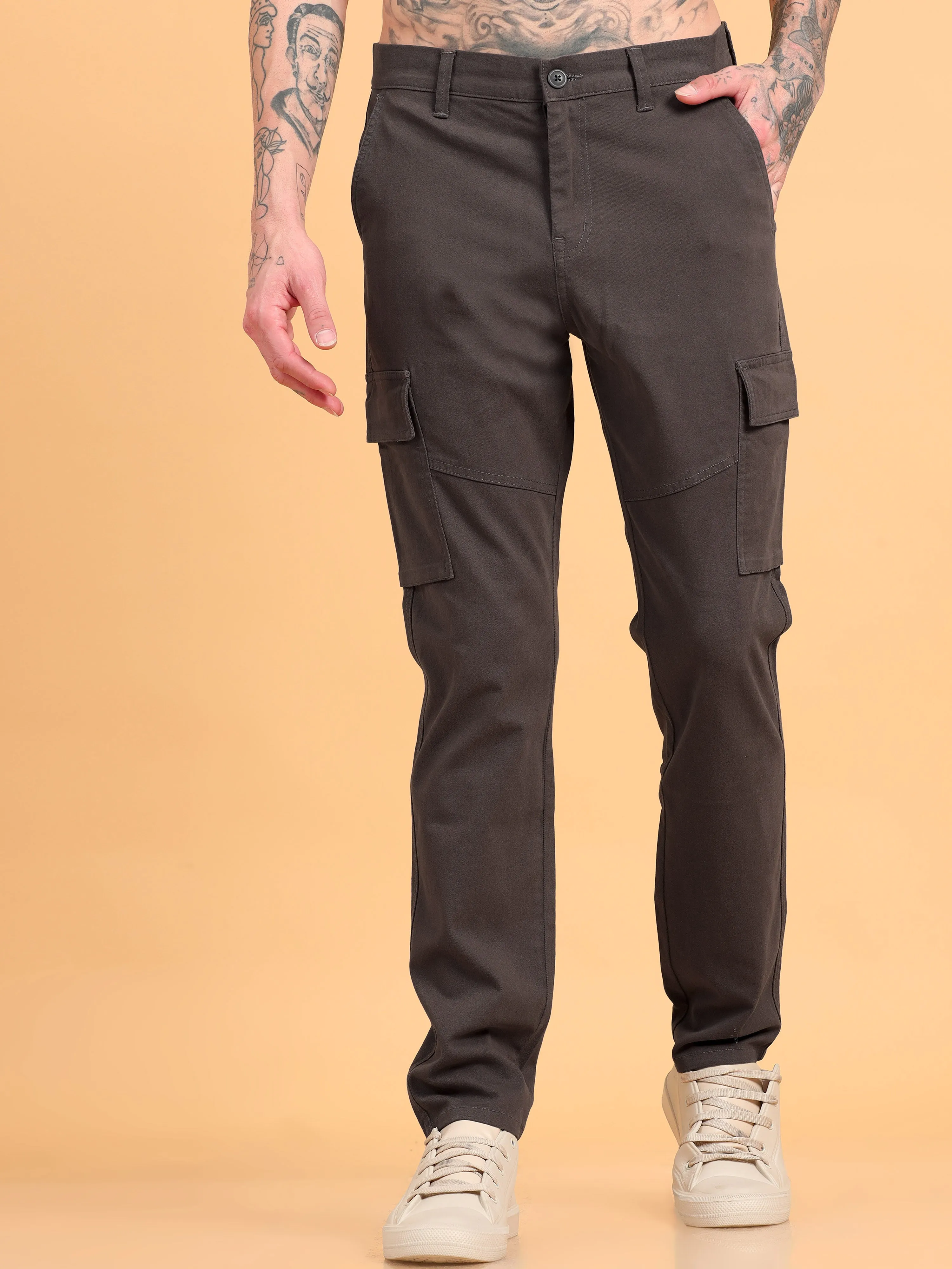 Men 2 Cotton Regular Fit Cargo Trousers, BROWN NAVY