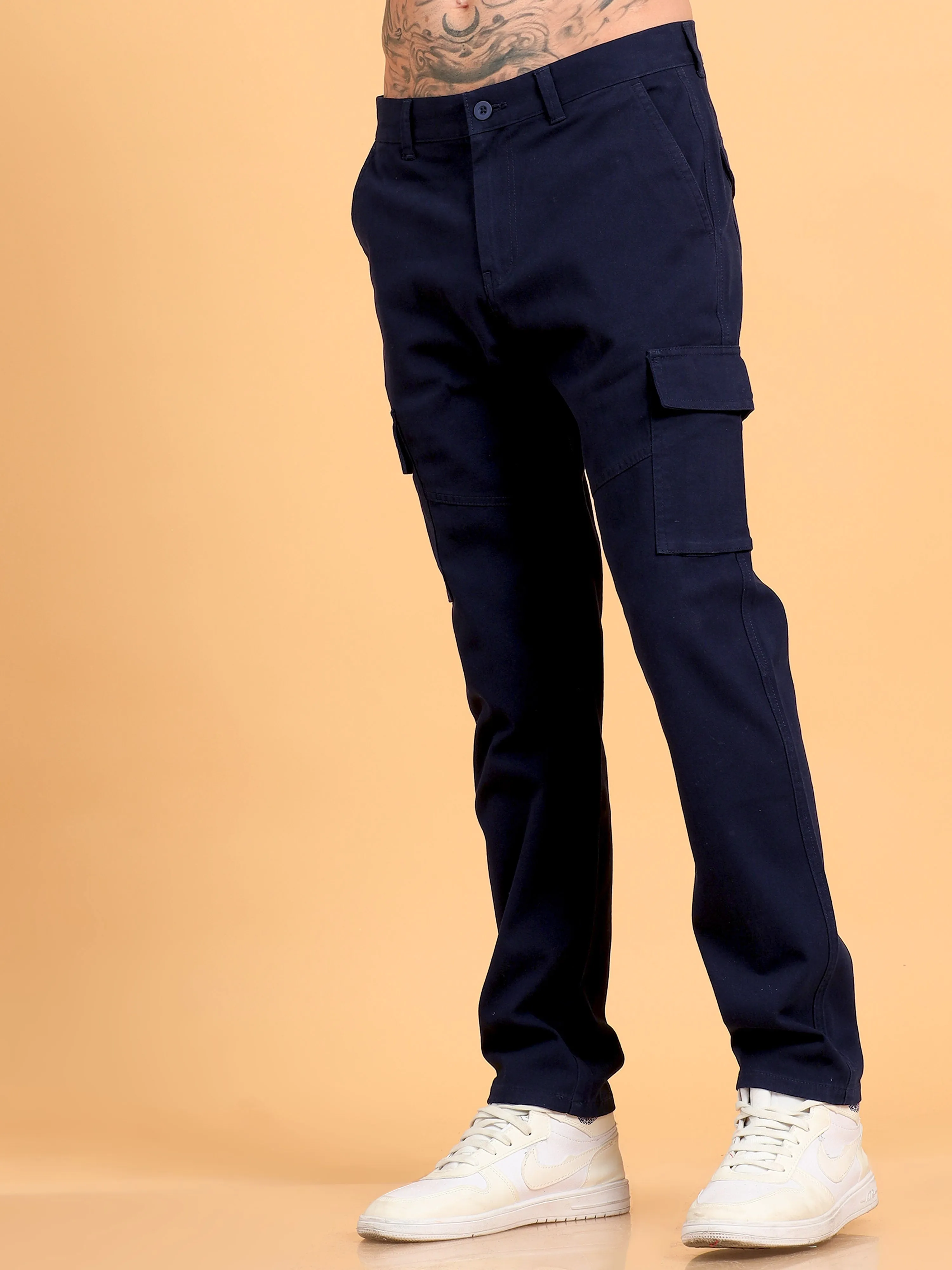 Men 2 Cotton Regular Fit Cargo Trousers, BROWN NAVY