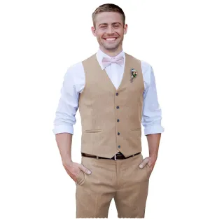 Men 2 Piece Linen Suits Groomsmen Tuxedos Prom Vest and Pants Set