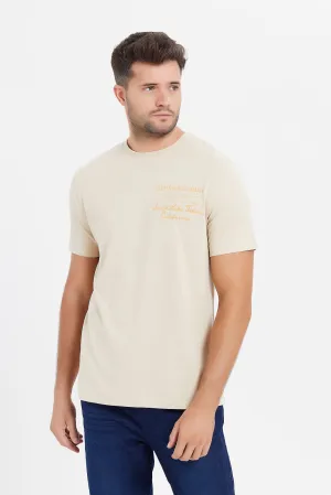 Men Beige Back Print T-Shirt