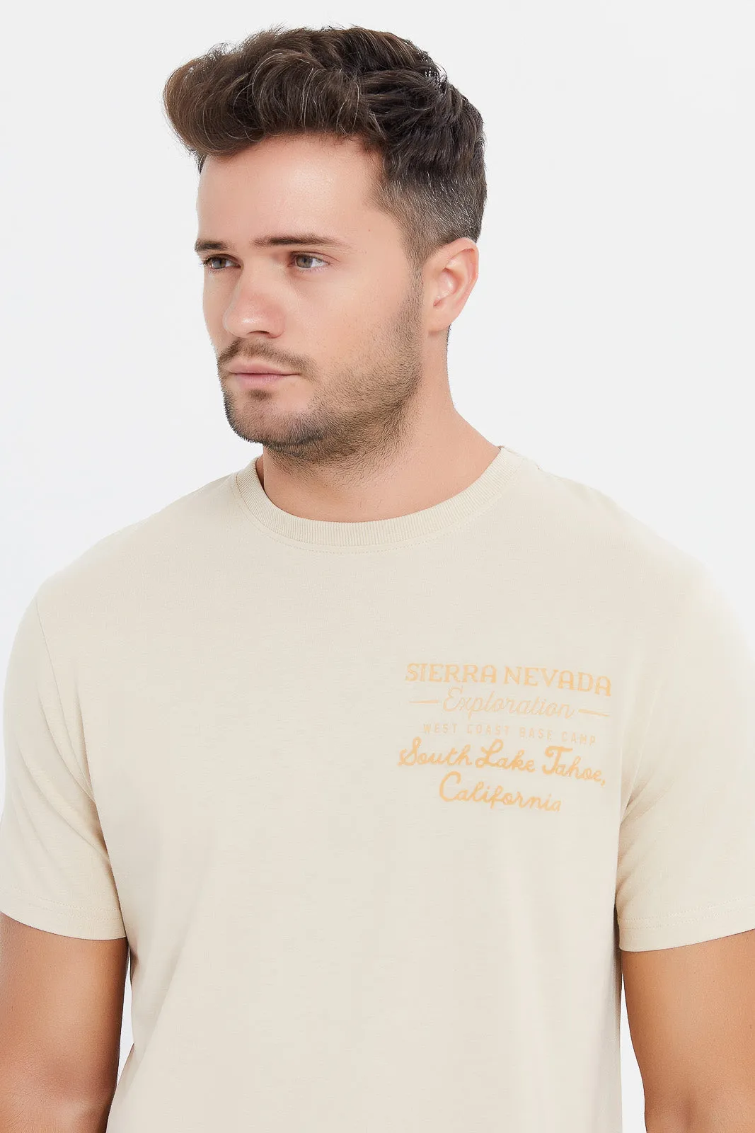 Men Beige Back Print T-Shirt