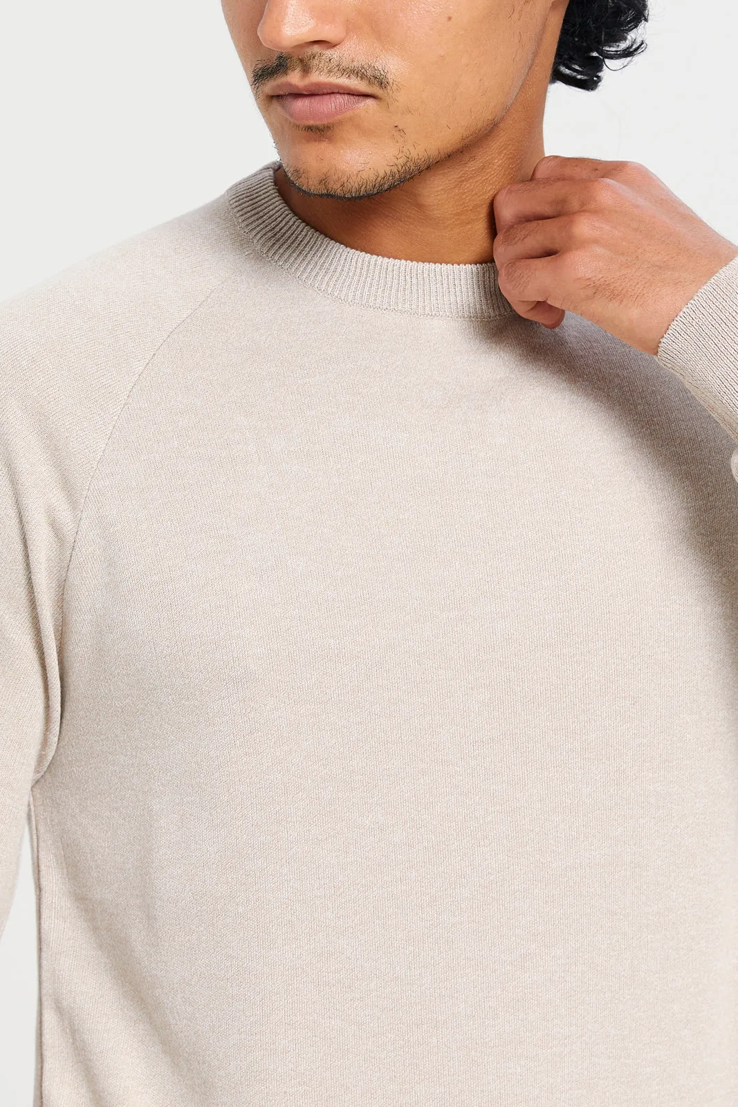 Men Beige Crew Neck Pullover