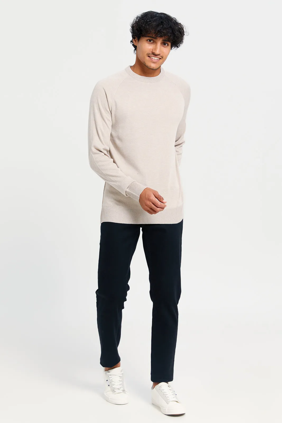 Men Beige Crew Neck Pullover