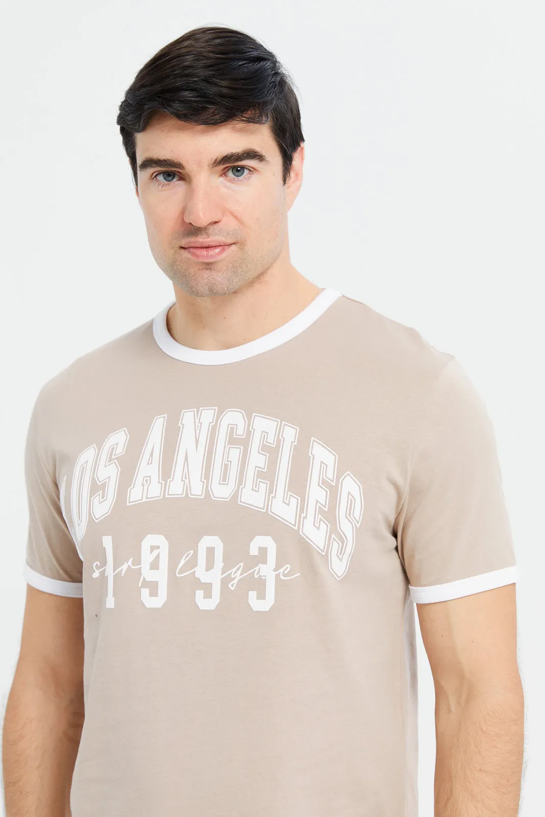 Men Beige Ringer Print T-Shirt