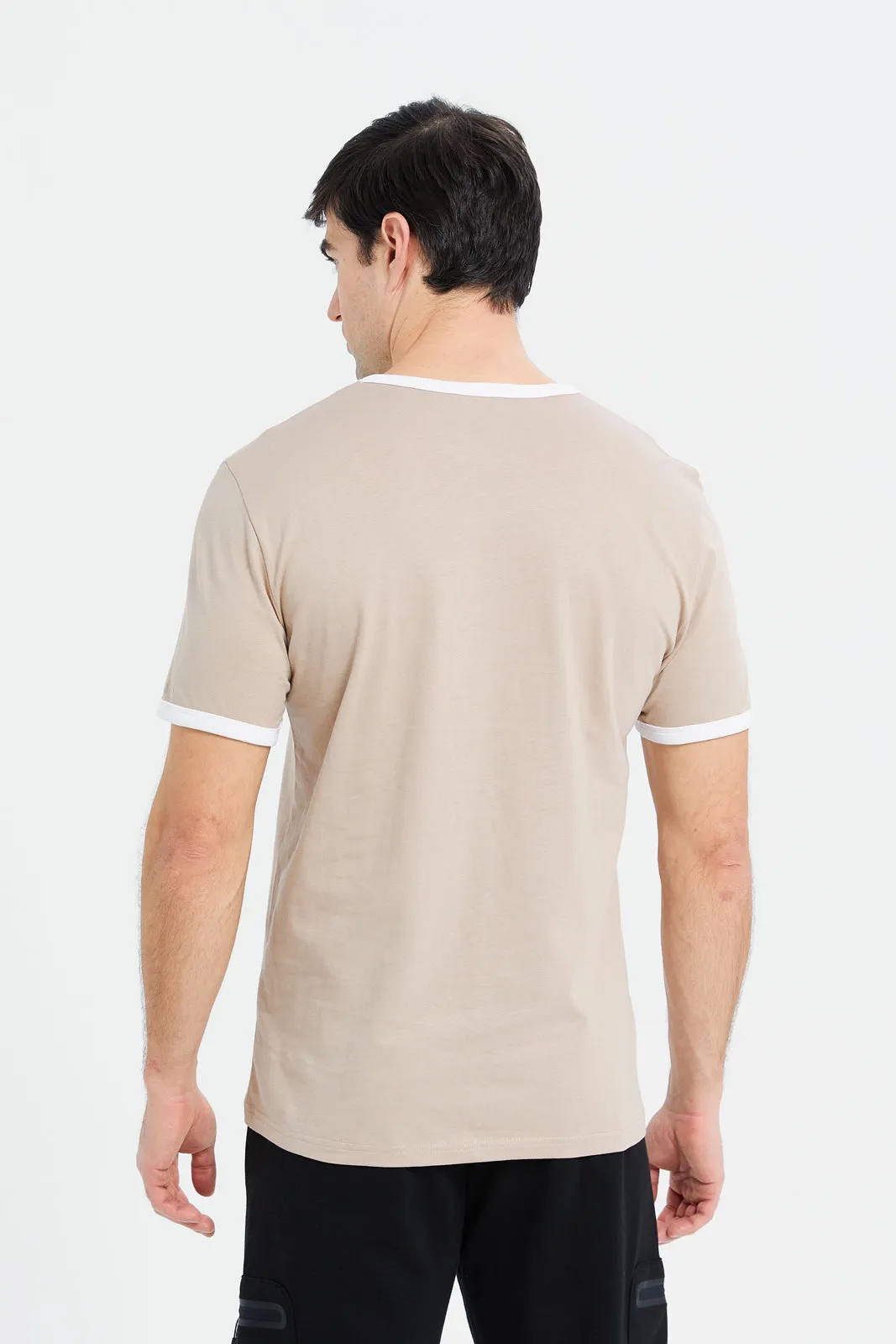 Men Beige Ringer Print T-Shirt