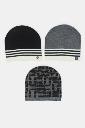 Men Black And Grey Knitted Cap Set (Pack Of 3)