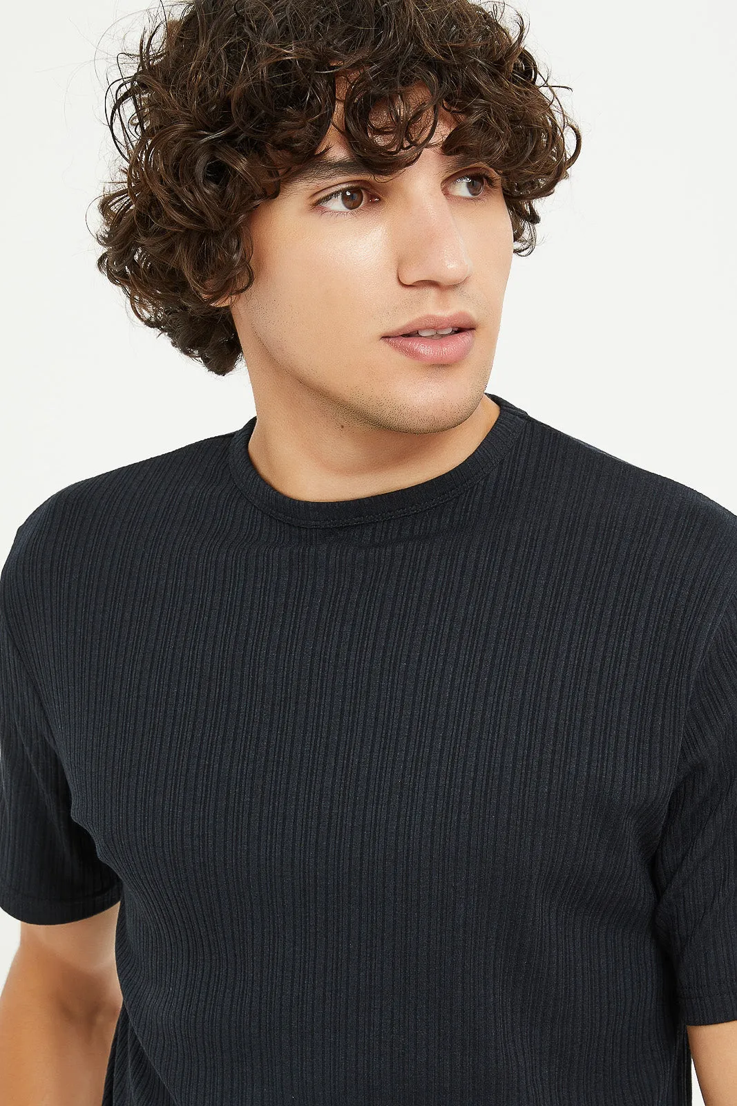 Men Black Stretch Jacquard T-Shirt