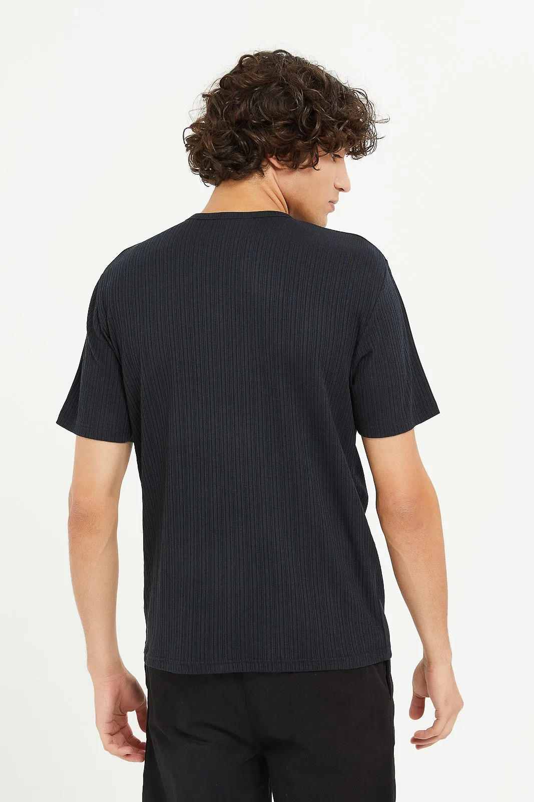 Men Black Stretch Jacquard T-Shirt