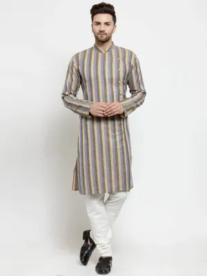 Men Blue And Black Self Design Stripped Kurta Only